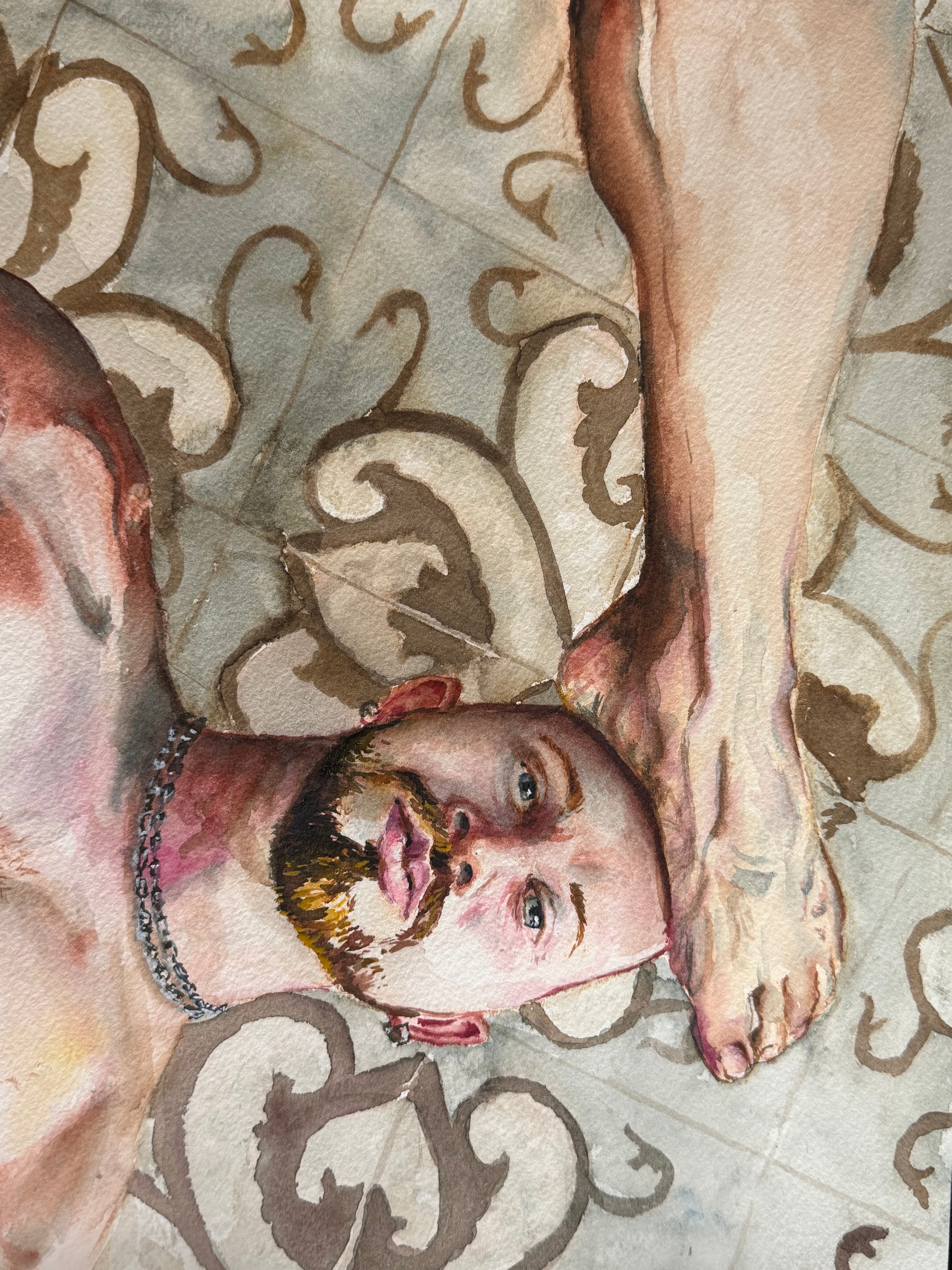 Direct watercolour on paper. No preliminary sketch. The model lies on an ornate tiled floor, the body viewed from above in extreme foreshortening. Baroque scroll motifs in warm sepia surround the figure — decorative, almost excessive — while the flesh is rendered with restraint: ivory, rose, burnt sienna. The gaze meets the viewer’s directly, unapologetic. This piece belongs to an ongoing body of work exploring the male figure outside conventional representations of masculinity — unhurried, present, unguarded.